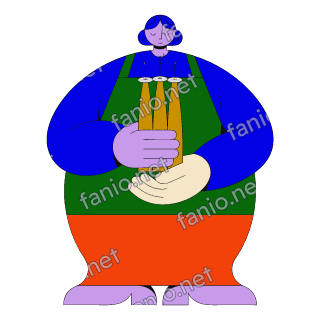A flat illustration in big colour blocks of a candle maker in a green apron holding a bundle of three tall candles.