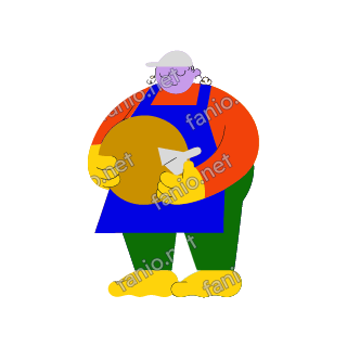 A flat illustration in big colour blocks of a cheesemaker in a blue apron carrying a big round wheel of cheese.