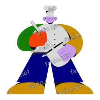 A flat illustration in big colour blocks of a chef in a pale jacket and tall hat holding a ladle and a grey cooking pot.