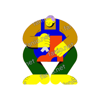 A flat illustration in big colour blocks of a seated cobbler in a blue apron polishing a red orange boot.