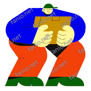 A flat illustration in big colour blocks of a courier in a blue jacket and red orange trousers carrying a big cardboard parcel.