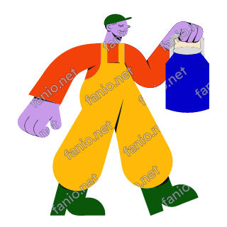 A flat illustration in big colour blocks of a dairy farmer in mustard dungarees walking with a blue milk can in one hand.