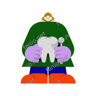 A flat illustration in big colour blocks of a dentist in a green coat holding a big tooth model and a small dental mirror.