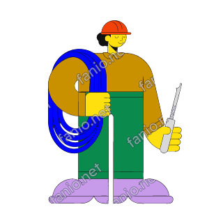 A flat illustration in big colour blocks of an electrician in a red hard hat carrying a coil of blue cable on one shoulder and a screwdriver.