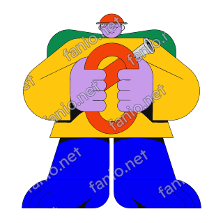 A flat illustration in big colour blocks of a firefighter in a yellow coat and red helmet holding a coiled red orange fire hose.