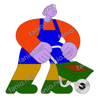 A flat illustration in big colour blocks of a gardener in blue dungarees pushing a green wheelbarrow full of soil.