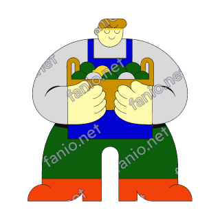 A flat illustration in big colour blocks of a greengrocer carrying a wooden crate of cabbages and lemons in both arms.