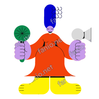 A flat illustration in big colour blocks of a hairdresser in a red orange dress with a tall blue beehive holding a hair dryer and a round brush.