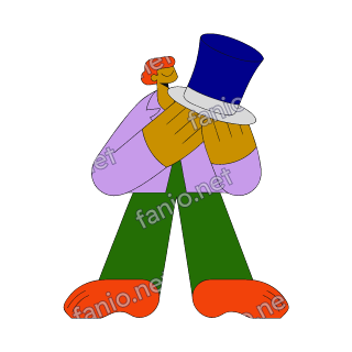 A flat illustration in big colour blocks of a hatmaker in a lilac jacket holding up a tall blue top hat.