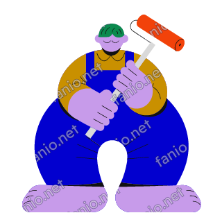 A flat illustration in big colour blocks of a house painter in blue overalls holding a paint roller with a red orange head.
