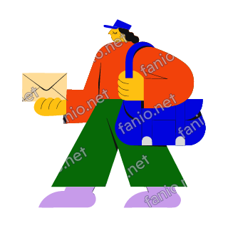 A flat illustration in big colour blocks of a letter carrier in a red orange jacket with a blue satchel walking and holding out an envelope.