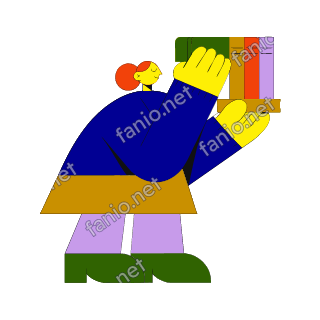 A flat illustration in big colour blocks of a librarian in a blue cardigan reaching up to slide a green book into a row of upright books.