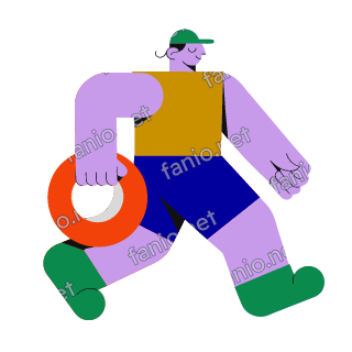 A flat illustration in big colour blocks of a lifeguard in a mustard vest and blue shorts running with a red orange float ring.