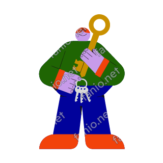 A flat illustration in big colour blocks of a locksmith in a green jacket holding up a giant mustard key and a ring of small keys.