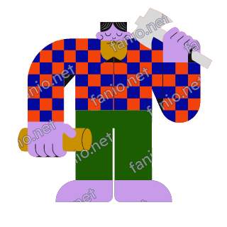 A flat illustration in big colour blocks of a bearded lumberjack in a checked shirt with an axe on one shoulder and a short log in hand.