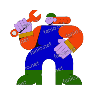 A flat illustration in big colour blocks of a mechanic in a blue overall and green cap raising a big red orange wrench.