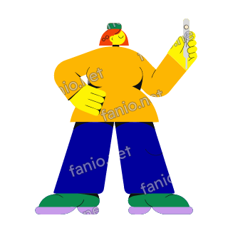 A flat illustration in big colour blocks of a nurse in a yellow tunic and blue trousers holding up a thermometer, one hand on her hip.