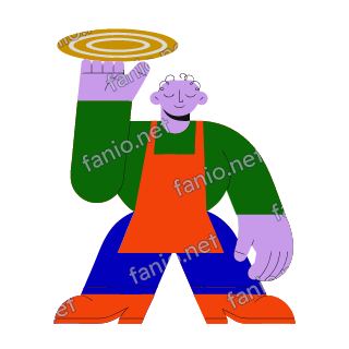 A flat illustration in big colour blocks of a pizza maker in a red orange apron spinning a flat disc of dough on one raised hand.