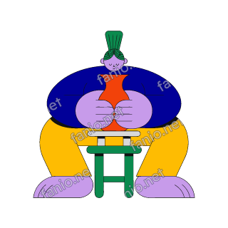 A flat illustration in big colour blocks of a seated potter in a blue top shaping a red orange clay vase on a small stand.