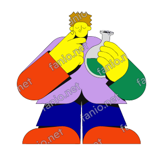 A flat illustration in big colour blocks of a scientist holding up a glass flask of green liquid, one hand on his chin.