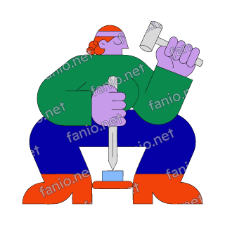 A flat illustration in big colour blocks of a sculptor in a green smock holding a chisel to a small block and raising a mallet.