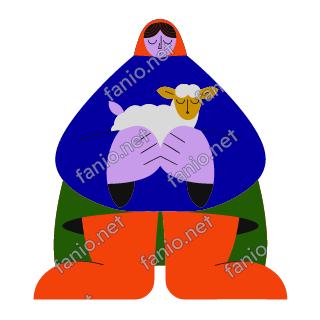 A flat illustration in big colour blocks of a shepherd in a hooded blue cloak holding a small lamb against her chest.