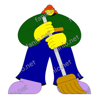 A flat illustration in big colour blocks of a street sweeper in a green coat and blue trousers sweeping with a long broom.