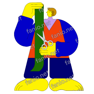 A flat illustration in big colour blocks of a tall tailor in a red orange waistcoat cutting a long strip of green cloth with scissors.
