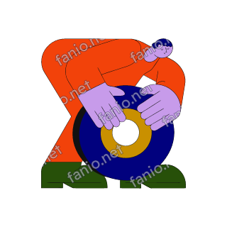 A flat illustration in big colour blocks of a tyre fitter in a red orange overall bending to roll a dark blue tyre.