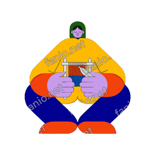A flat illustration in big colour blocks of a seated weaver in a yellow robe and green headscarf working a small hand loom on her lap.
