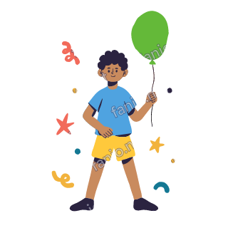 Yousef holds one big green balloon by its string and smiles.