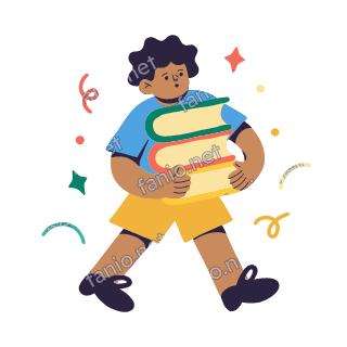 Yousef walks carrying a stack of three books in both arms.