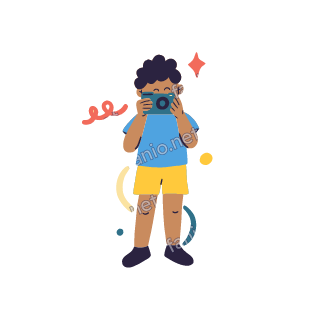 Yousef takes a photo with a teal camera held up to one eye.