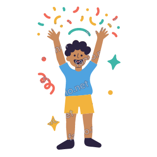 Yousef throws small confetti pieces into the air with both hands, cheering.