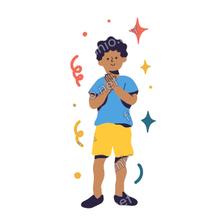 Yousef claps his hands with a proud smile while small stars sparkle around him.