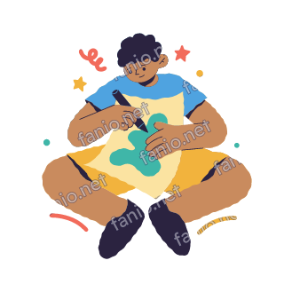 Yousef sits cross-legged on the floor and draws on a big sheet of paper with a crayon.