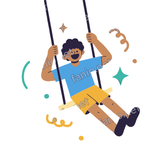 Yousef laughs on a wooden swing hanging from two ropes.