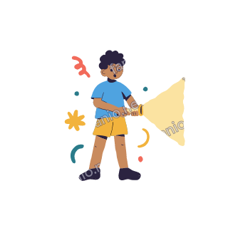 Yousef holds a flashlight and points it forward, curious.