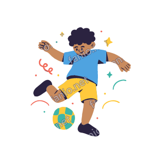 Yousef kicks a round teal and yellow football into the air with one foot, joyful.