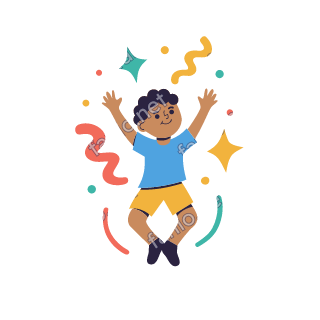 Yousef jumps high with both arms raised in joy.