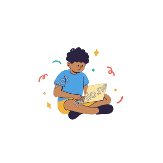 Yousef sits on the floor and types on a small laptop, curious.