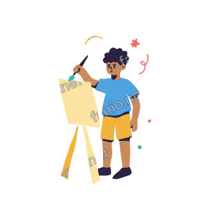 Yousef paints on a big sheet held on an easel with a brush in one hand.
