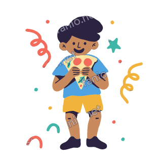 Yousef eats a slice of pizza with both hands, happy.