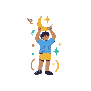 Yousef holds a big golden crescent moon and a star above the head with both hands, joyful.