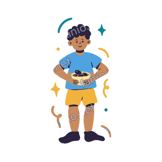 Yousef holds a small bowl of dates in both hands and smiles.