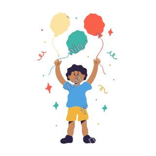 Yousef holds three colourful balloons by their strings, celebrating Eid and cheering.