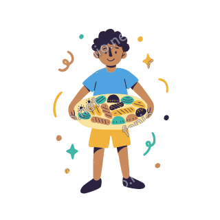 Yousef carries a round tray of small Eid sweets and cookies in both hands, smiling.