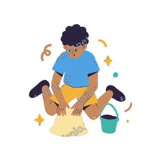 Yousef kneels shaping a mound of sand beside a small teal bucket.