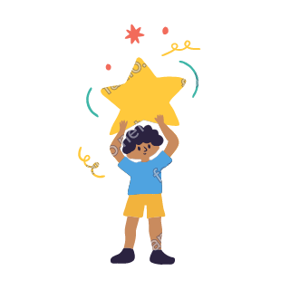 Yousef holds a big yellow star in both hands above his head, proud.