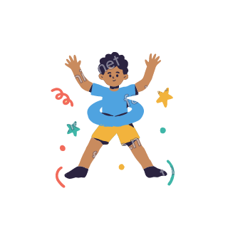 Yousef wears a blue swim ring around his waist and splashes with both arms, smiling.